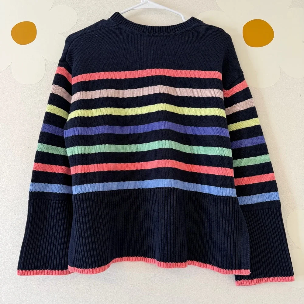 LIKE NEW GAP 100% Cotton Split-Hem Crewneck Sweater Navy and Multicolor Stripe - Picture 6 of 10